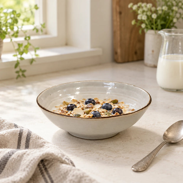 White Satchville stoneware cereal bowl for breakfast, featuring a smooth, durable design ideal for kitchen and dining use.