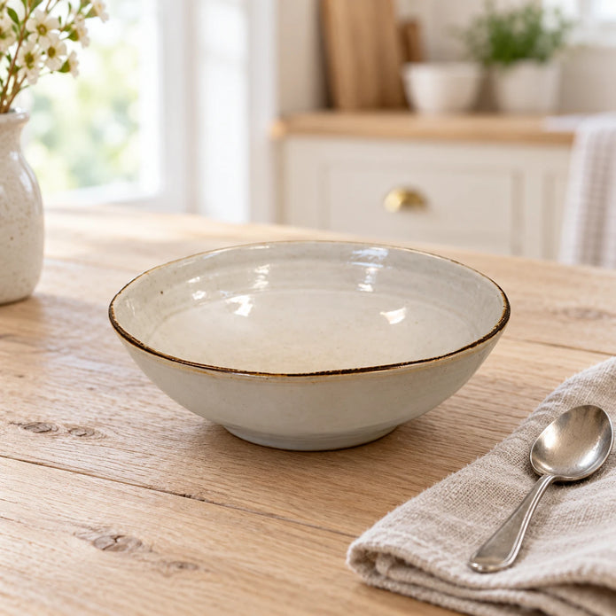White stoneware cereal bowl with brown rim on a pale oak breakfast table