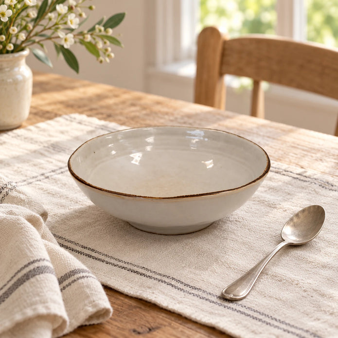 White stoneware cereal bowl on an ivory linen breakfast place setting
