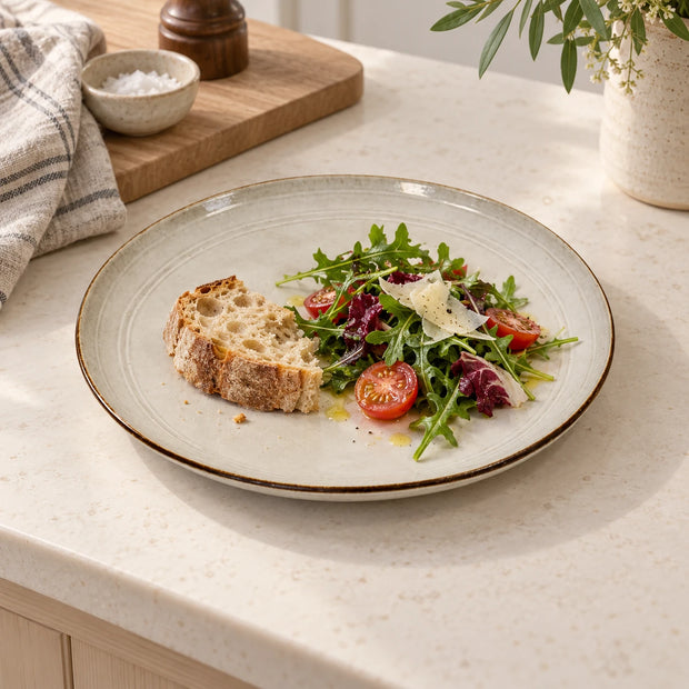 White Satchville stoneware dinner plate for kitchen and dining, perfect for serving lunch in a stylish setting.
