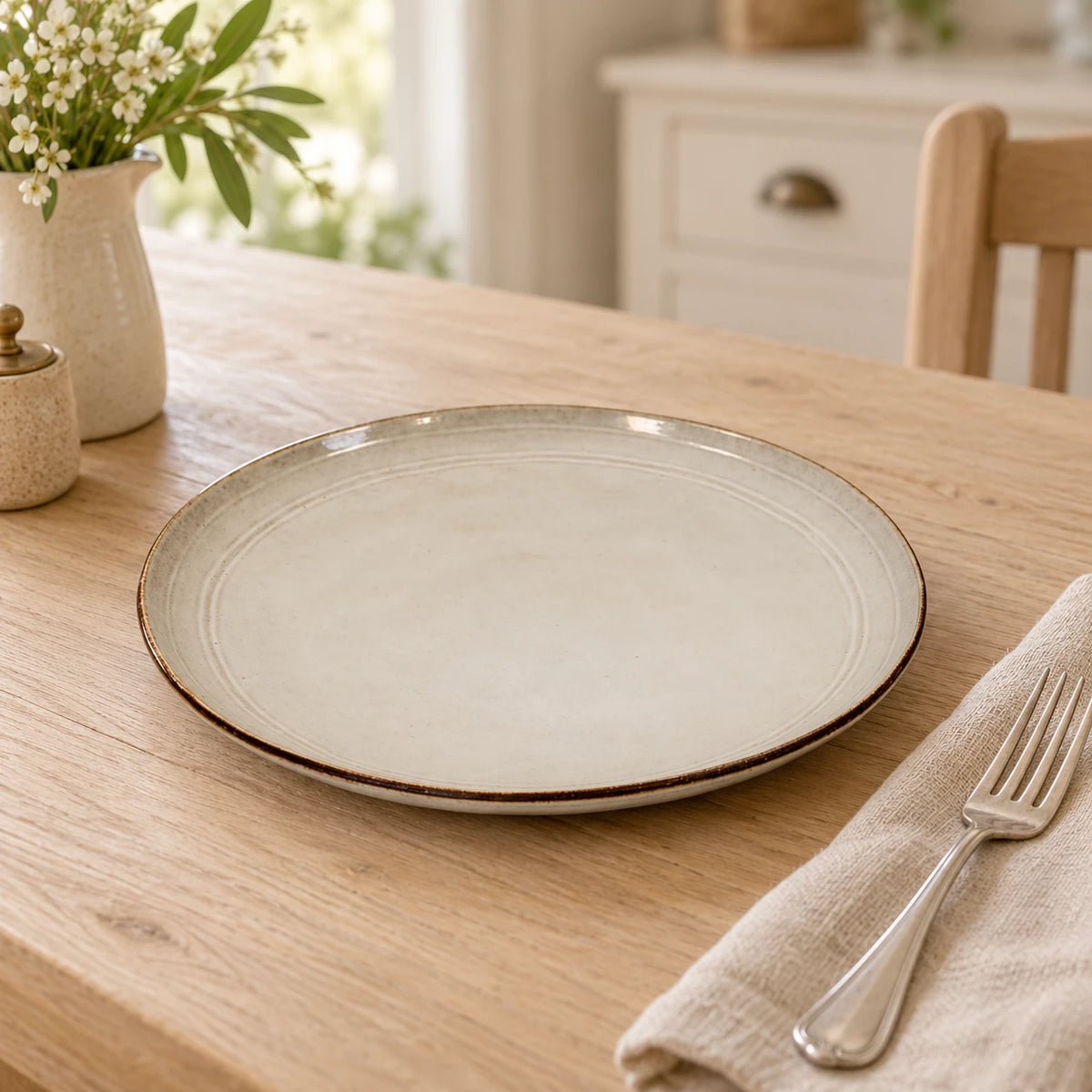 White stoneware dinner plate with brown rim on a pale oak country dining table