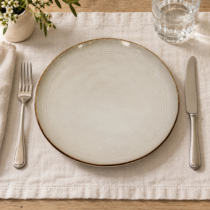 Overhead view of white stoneware dinner plate on ivory linen with cutlery and water glass