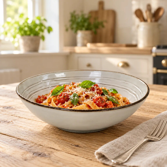 White stoneware pasta bowl with dark rim filled with tomato and basil pasta on an oak kitchen table