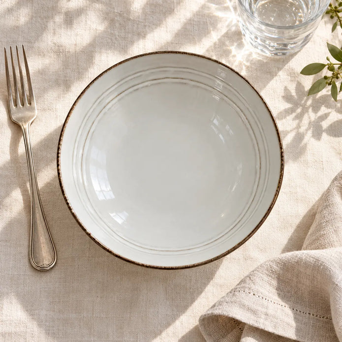 Overhead view of white stoneware pasta bowl on an ivory linen table setting