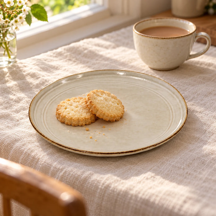 White stoneware side plate holding two biscuits on ivory linen beside a cup of tea