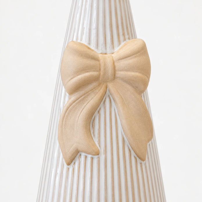 Satchville large white stoneglazed striped Christmas tree with decorative bow detail