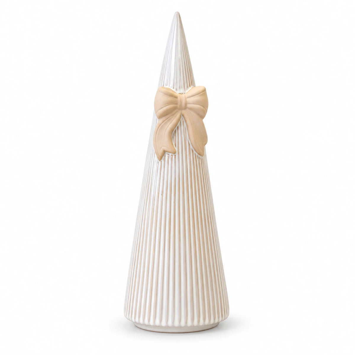 Satchville large white stoneglazed striped Christmas tree with decorative bow on white background