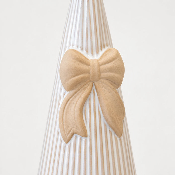 White Stoneglazed striped Christmas tree with bow, medium Satchville holiday decoration