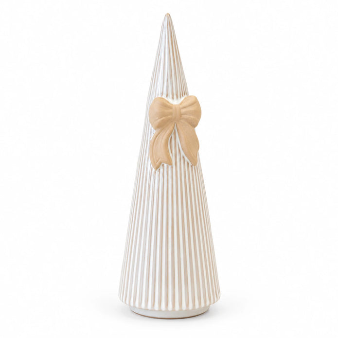 White Stoneglazed striped Christmas tree with bow, medium Satchville holiday decoration
