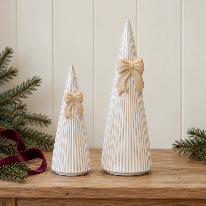 Satchville large white stoneglazed striped Christmas tree with decorative bow
