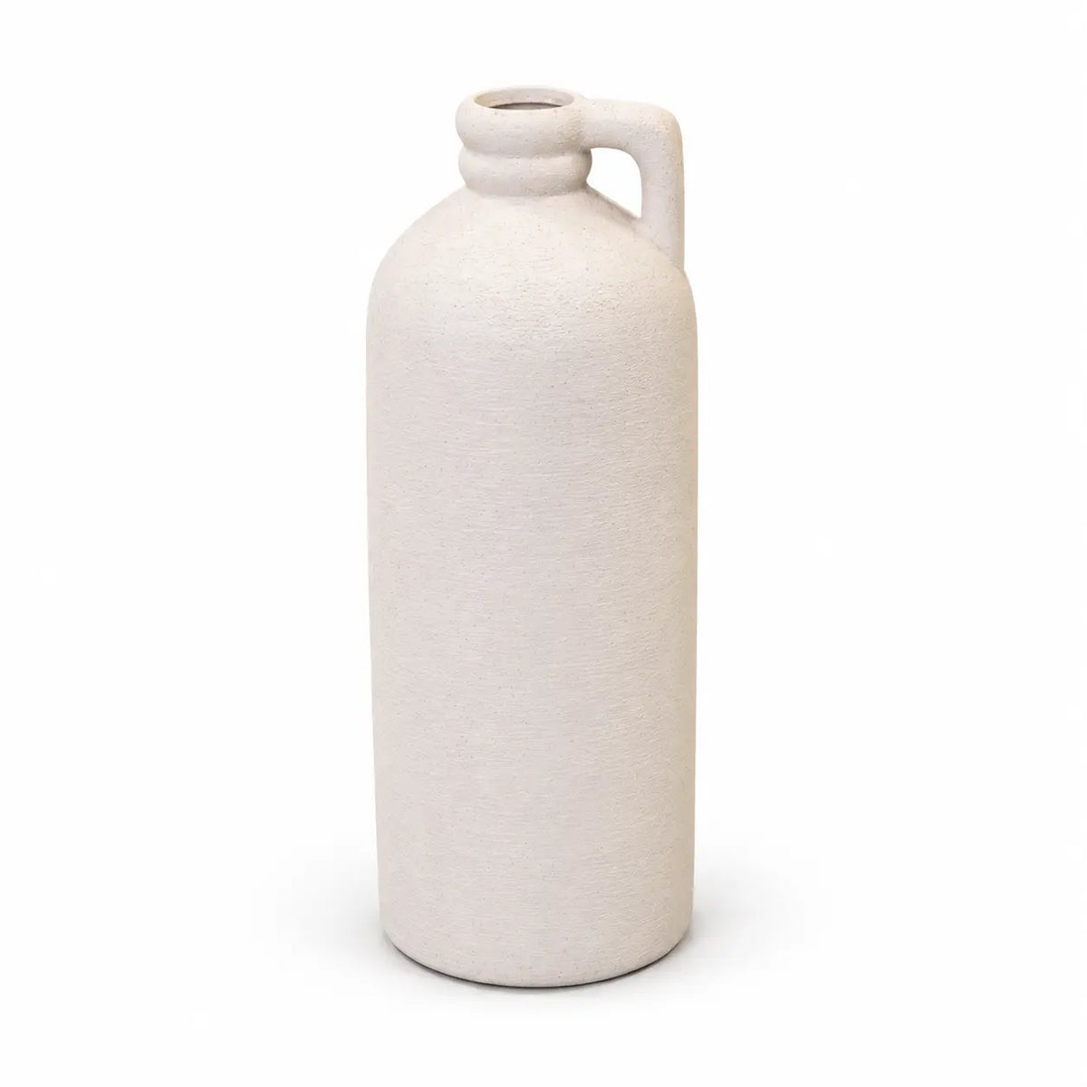 Full white tall textured bottle vase with small handle on a white studio background