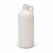 Full white tall textured bottle vase with small handle on a white studio background