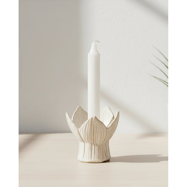 White Tulip ceramic candle holder by Wikholmform, elegant home decor piece with a tulip shape and smooth ceramic finish.