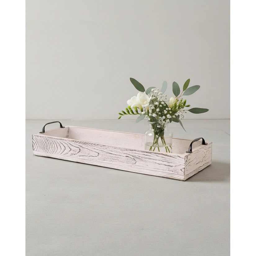 White wooden handled tray for home decor by Starlight Express, featuring a rectangular shape with raised edges and a smooth finish.