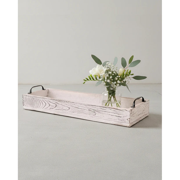 White wooden handled tray for home decor by Starlight Express, featuring a rectangular shape with raised edges and a smooth finish.