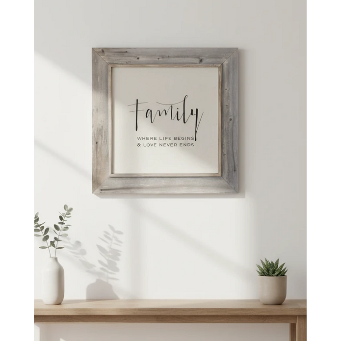 Whitewashed wooden rustic wall art sign by Brayden and Brooks, featuring "Family Where Life Begins" in large framed design.