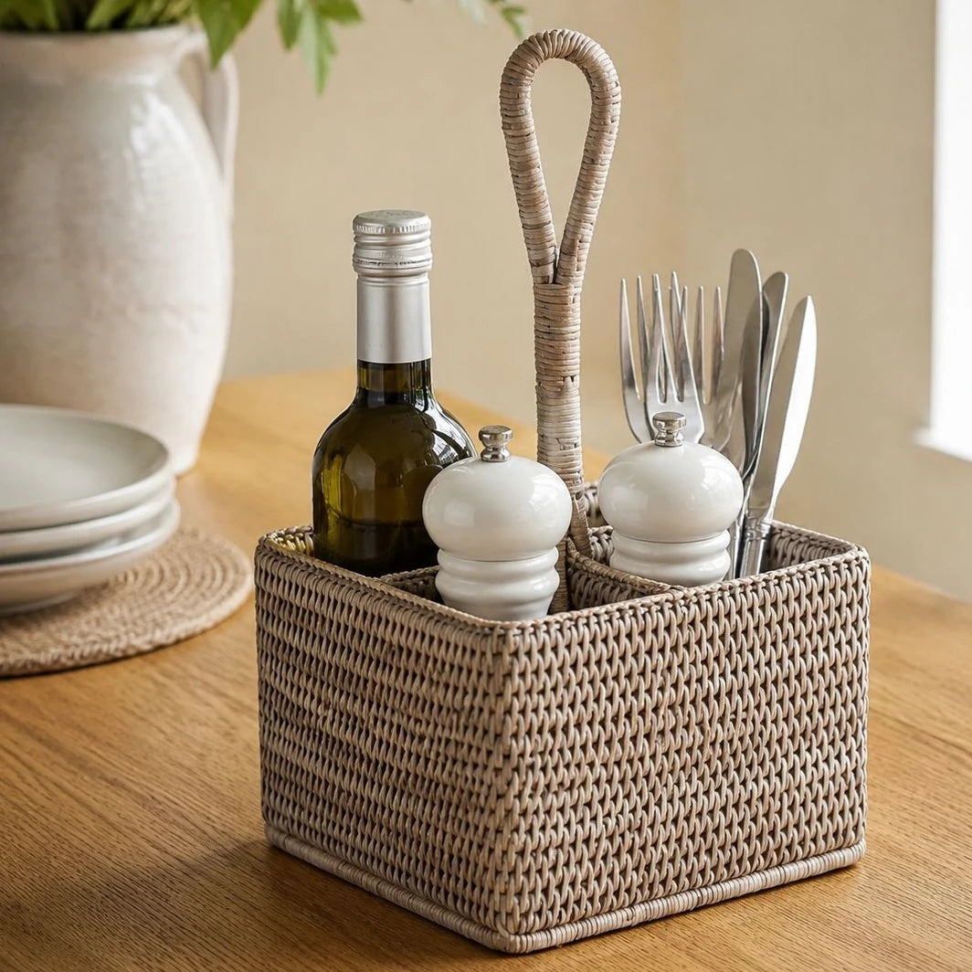 Wickham Rattan Cutlery or Condiment Holder, woven brown handled holder containing cutlery and condiments on a table