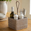 Wickham Rattan Cutlery or Condiment Holder, woven brown handled holder containing cutlery and condiments on a table