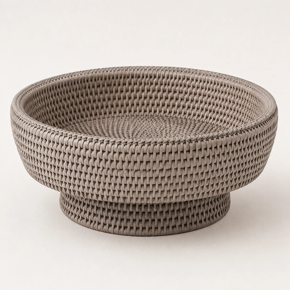 Wickham Rattan Footed Fruit Bowl, empty pale woven footed bowl showing its interior