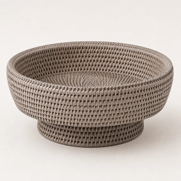 Wickham Rattan Footed Fruit Bowl, empty pale woven footed bowl showing its interior