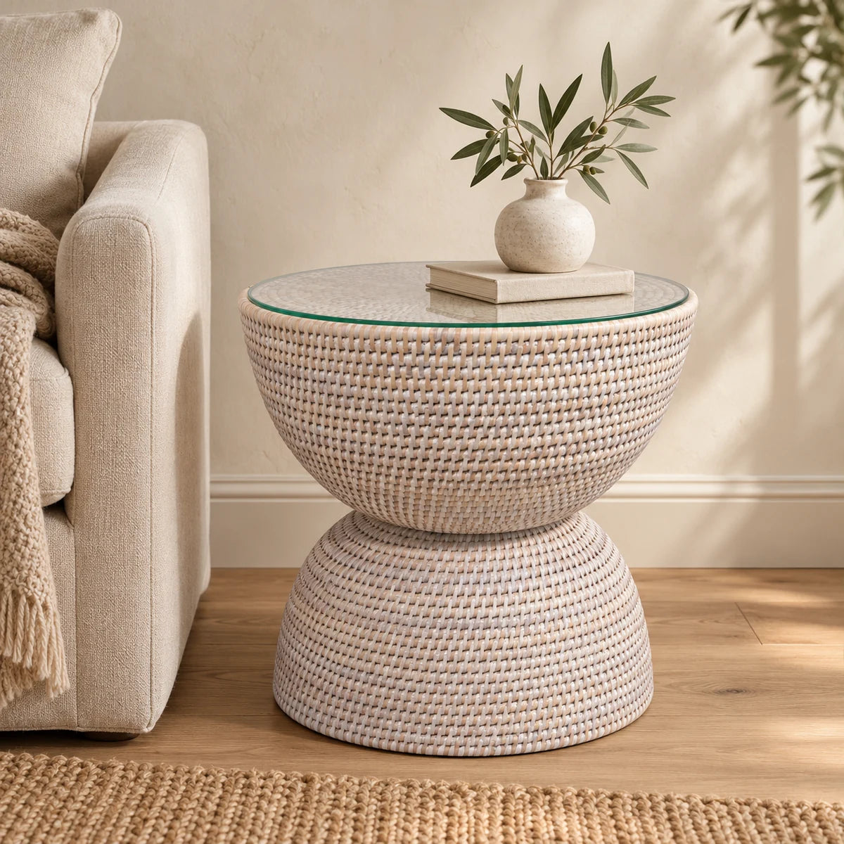 Lows Wickham rattan hourglass side table with clear glass top