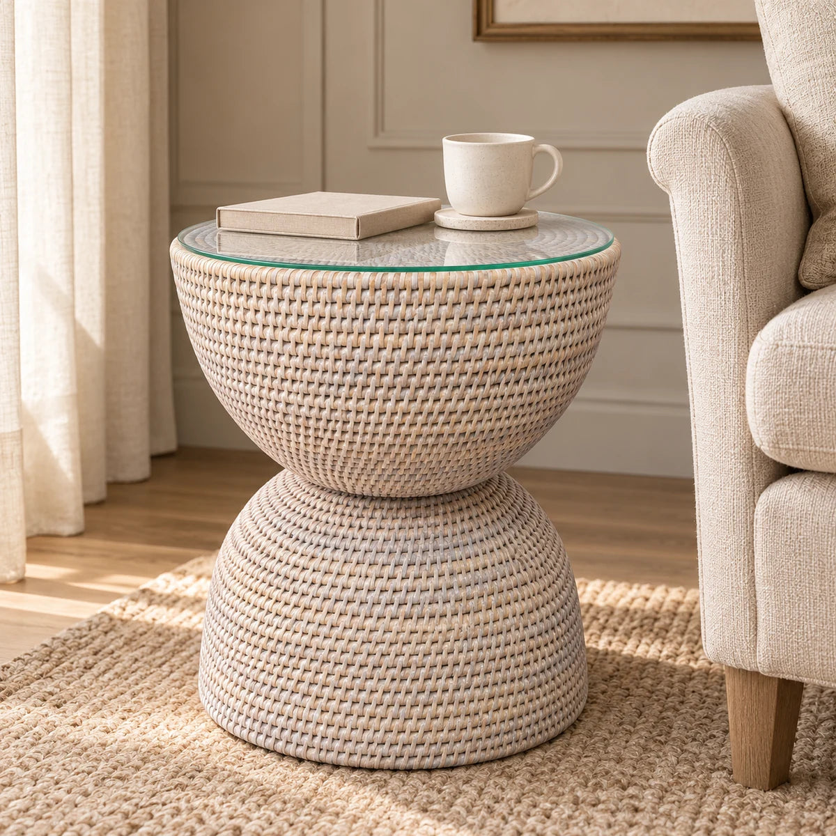 Lows Wickham rattan hourglass side table with glass top in a reading corner