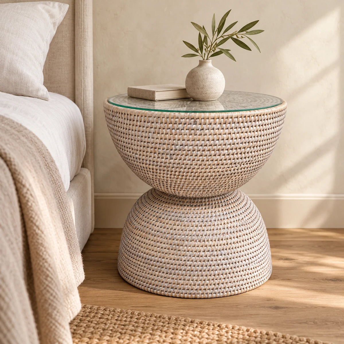Lows Wickham rattan hourglass side table with glass top beside a bed