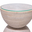 Lows Wickham rattan hourglass side table with glass top, showing glass and woven rattan detail