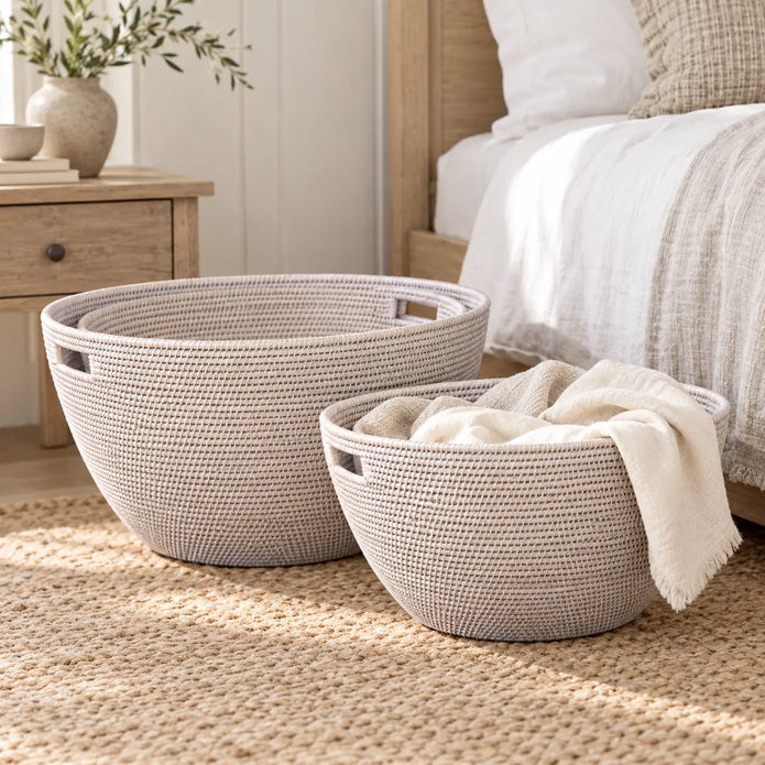 Wickham rattan laundry baskets by Lows displayed in a bedroom alcove