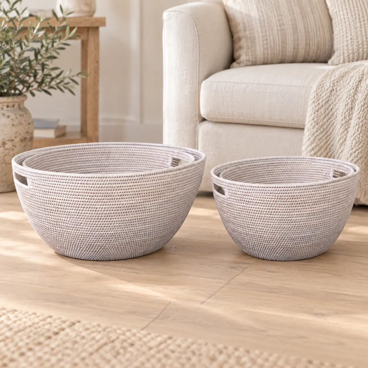 Lows Wickham rattan laundry baskets in a natural woven design for stylish home storage