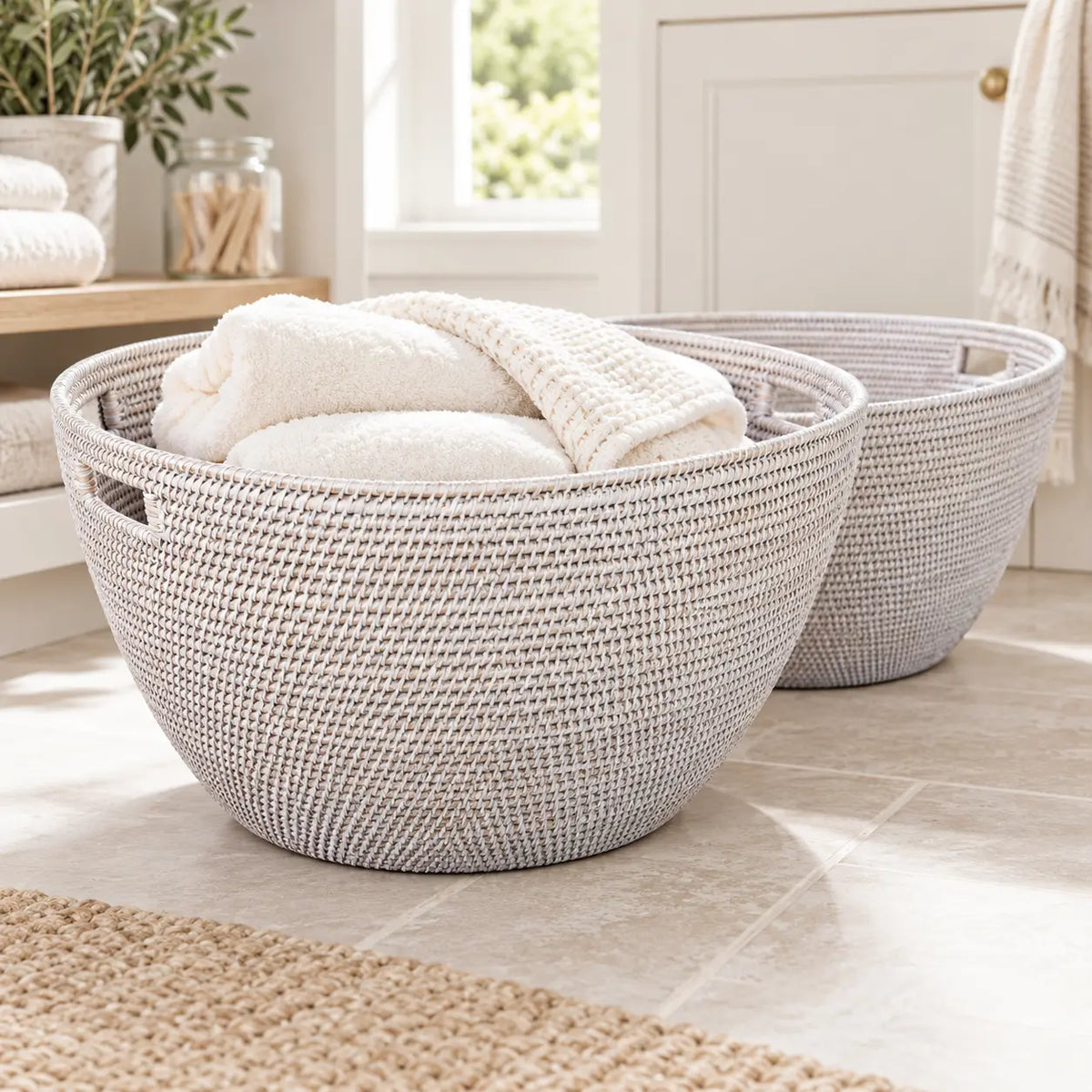 Lows Wickham rattan laundry baskets in a laundry room