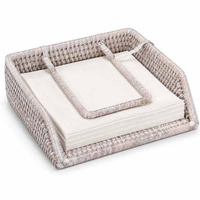 Wickham Rattan Napkin Holder With Weight, pale woven holder filled with white napkins against white