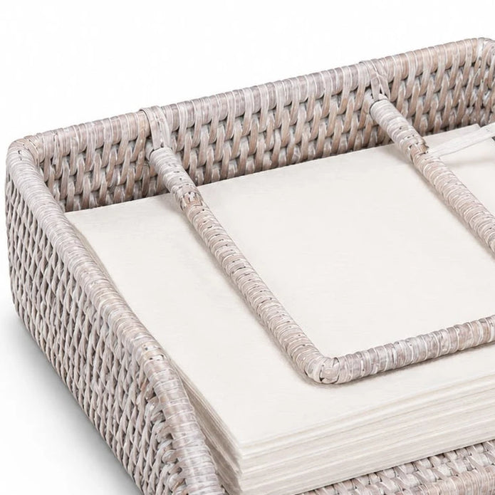 Wickham Rattan Napkin Holder With Weight, close-up of the woven rim and napkin weight against white