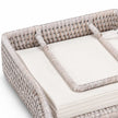 Wickham Rattan Napkin Holder With Weight, close-up of the woven rim and napkin weight against white