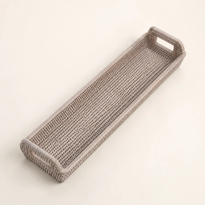 Wickham Rattan Narrow Rectangle Tray, overhead angled view of the empty narrow woven tray
