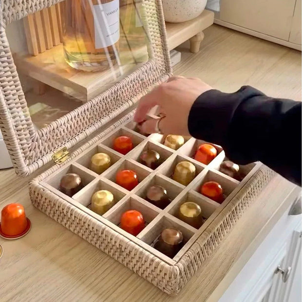 Lows rattan coffee pod and wax melt storage box for Nespresso capsules, ideal for kitchen and dining organization.