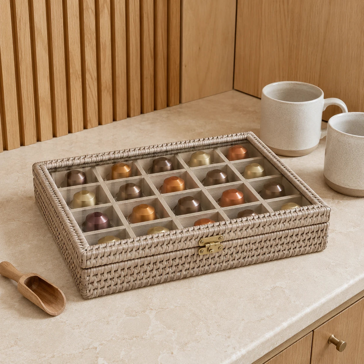 Wickham Rattan Nespresso Coffee Pod Or Wax Melt Storage Box, closed glass-topped woven box holding coffee pods on a kitchen counter