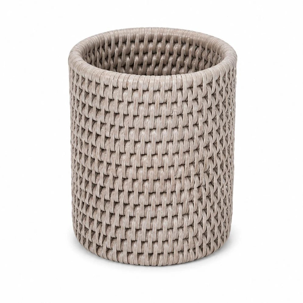 Wickham Rattan Pen Or Storage Pot, empty pale woven cylindrical pot against white