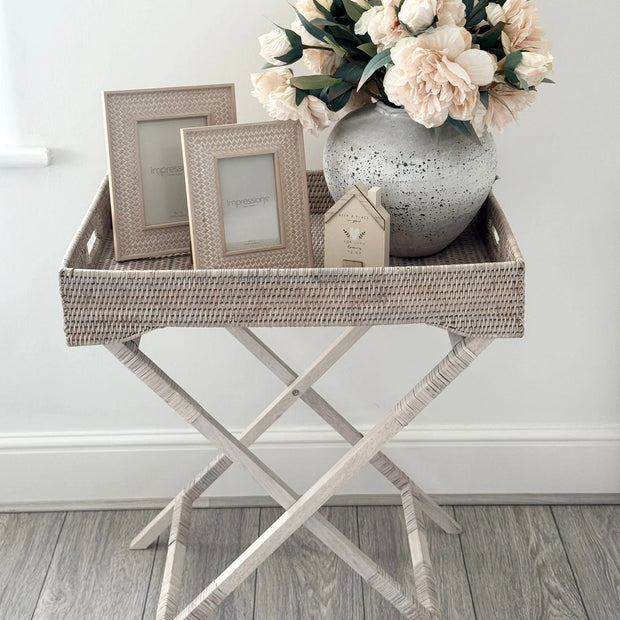 Wickham Rattan Rectangle Butler Tray Side Table, full view of the woven tray and folding crossed legs