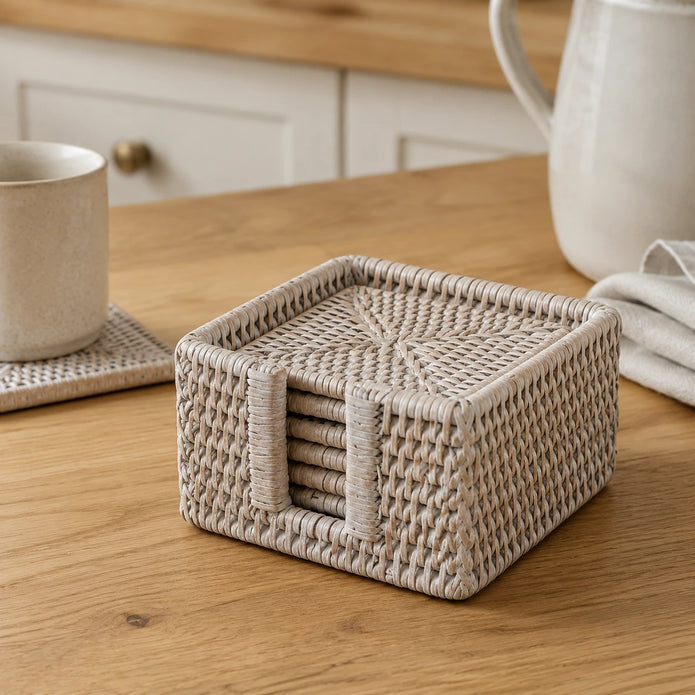 Wickham Rattan Square Coaster Set & Holder, square woven coasters and holder beside a mug on a kitchen counter