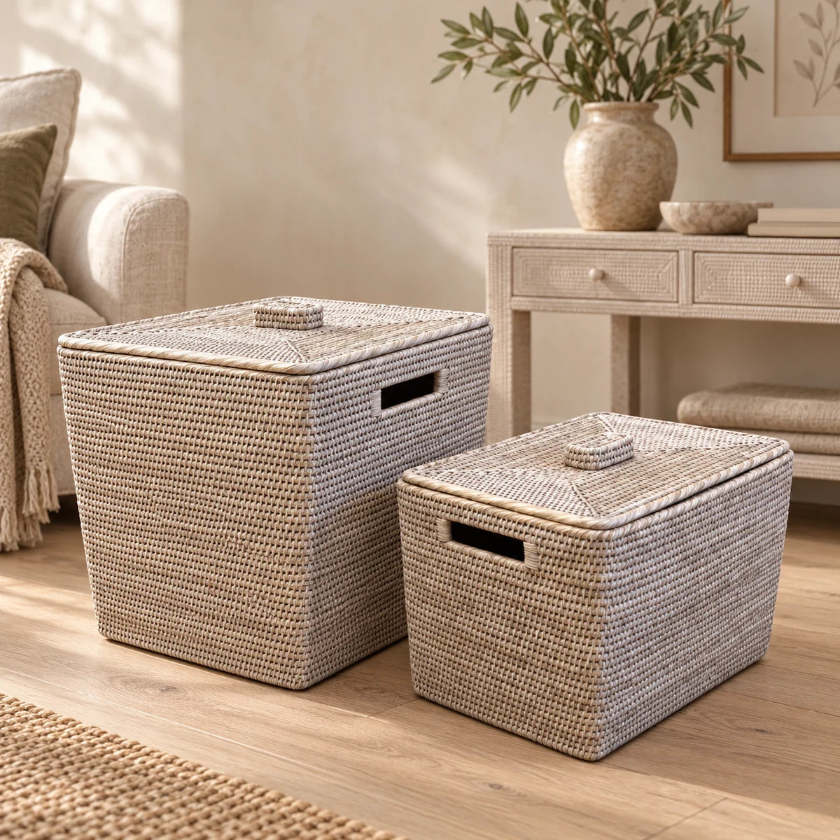 Lows Wickham rattan rectangle storage boxes in two sizes, woven home decor storage containers