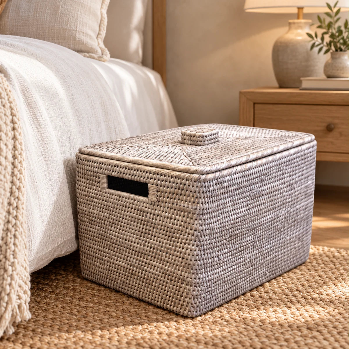 Lows Wickham rattan rectangle storage box in a medium bedroom setting