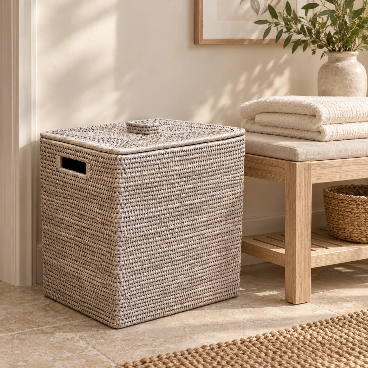 Wickham Rattan Rectangle Storage Box by Lows, natural woven rattan design for stylish home storage