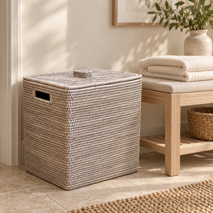 Wickham Rattan Rectangle Storage Box by Lows, natural woven rattan design for stylish home storage
