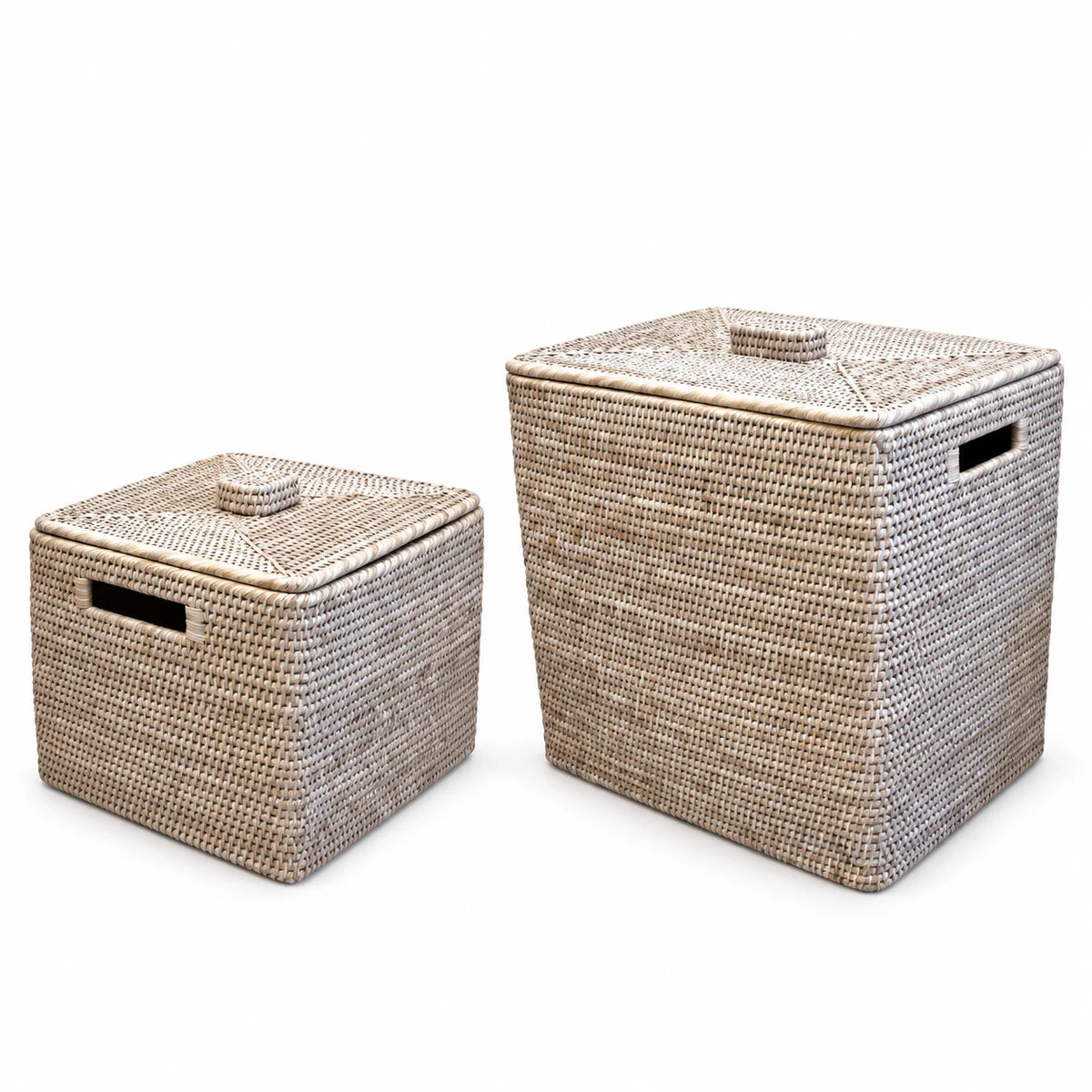 Wickham Rattan Rectangle Storage Box by Lows in white, woven rattan design on a studio background