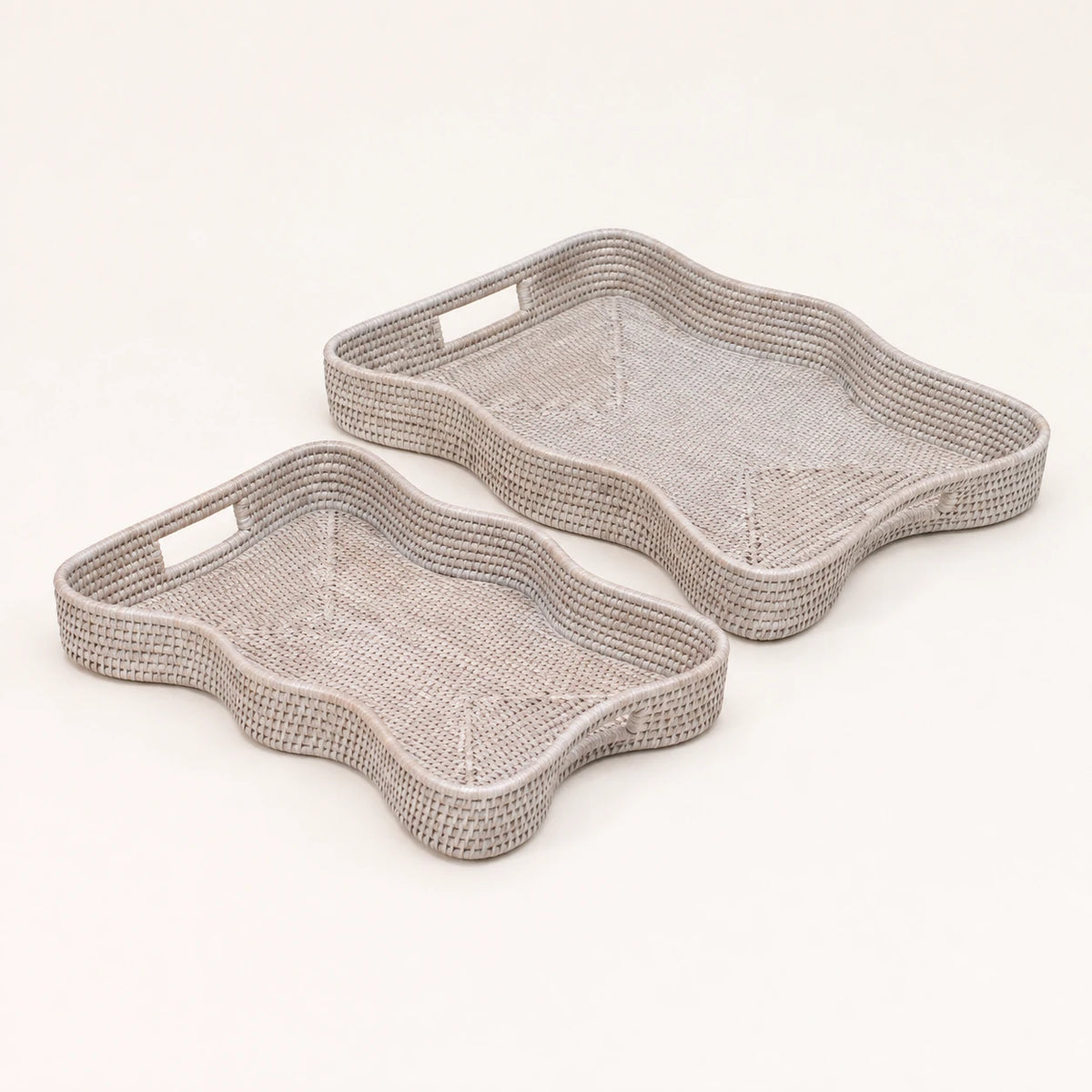 Rectangular Wickham Rattan Tray with scalloped edges and handles, ideal for home decor and serving.