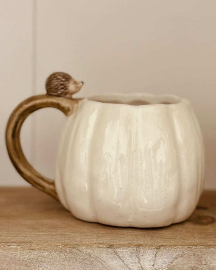 Large autumn-themed mug by Widdop & Co featuring a pumpkin and hedgehog design, perfect for seasonal beverages.
