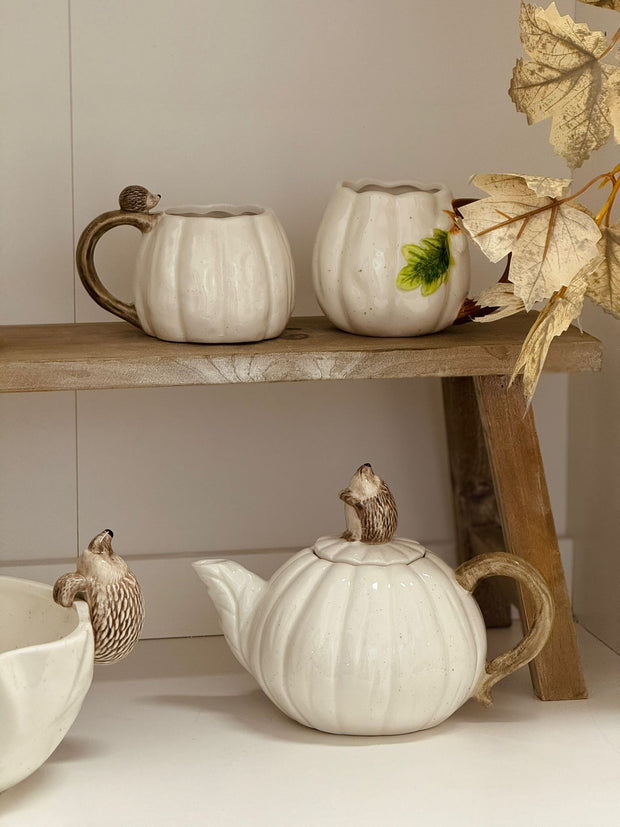 Widdop & Co Hedgehug pumpkin and hedgehog teapot featuring autumn-themed ceramic design with fall colors and whimsical details.