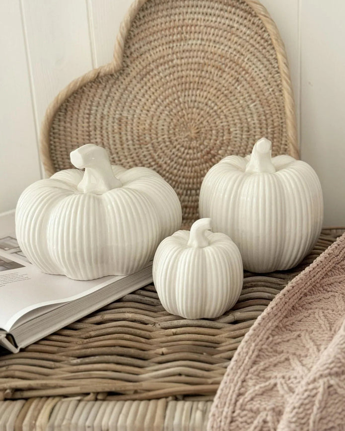 White Ceramic Ribbed Pumpkin - Lulu Loves Home