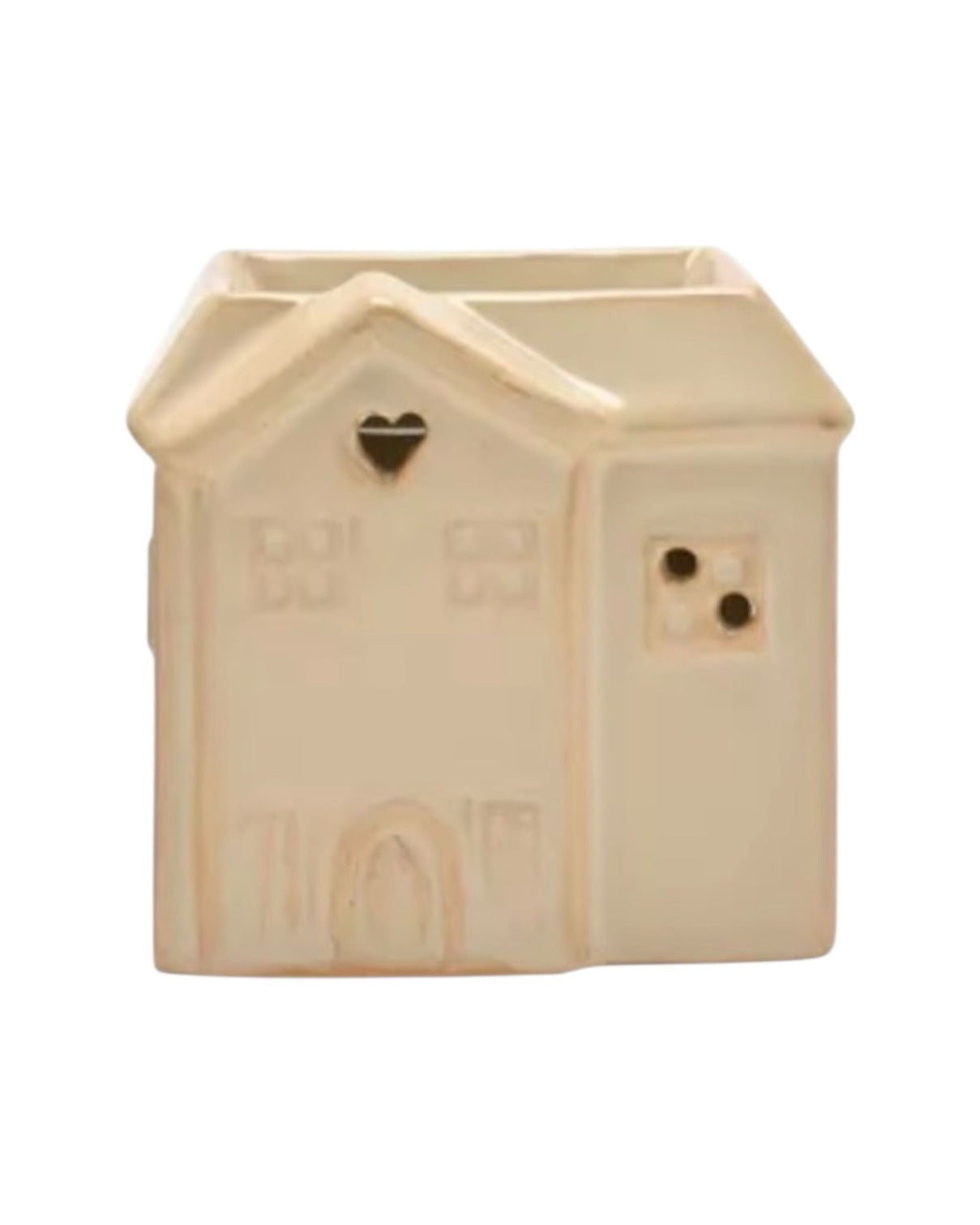 Beige ceramic house-shaped wax burner by Widdop & Co for melting scented wax in small ceramic design